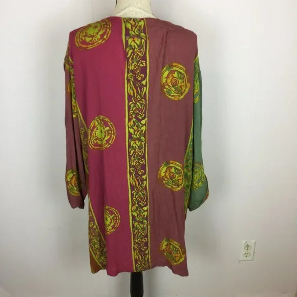 Soft Surroundings One Button Jacket 2X Womans Plus Pink Green Batik Print Rayon - Picture 2 of 15